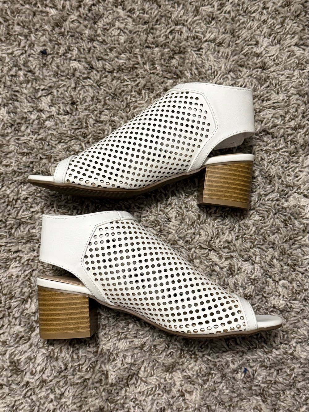 White Perforated Peep-Toe Block Heel Sandals for Women